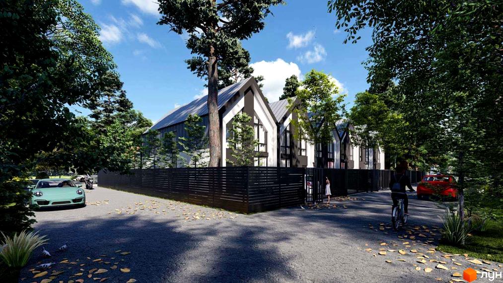 Зображення будинків Житлового комплексу по вулиці Дмитра Вишневецького, 5 з чорним парканом та зеленими насадженнями.