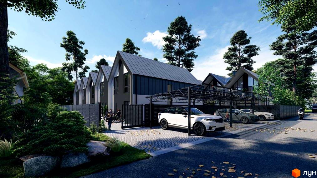 Зображення житлового комплексу з будинками з сірими дахами та припаркованими автомобілями. На передньому плані зелені насадження.