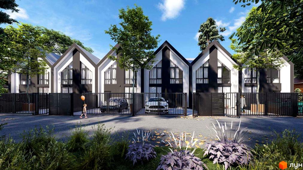 Зображення фасаду та подвір'я Житлового комплексу по вулиці Дмитра Вишневецького, 5. На передньому плані зелені насадження.