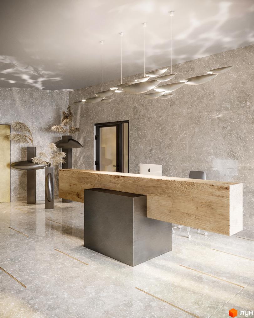 Інтер'єр приймальні в Будівельному проєкті Fjord з дерев'яною стійкою та оригінальними світильниками. Дизайн зони ресепшн з елементами декору та освітлення.
