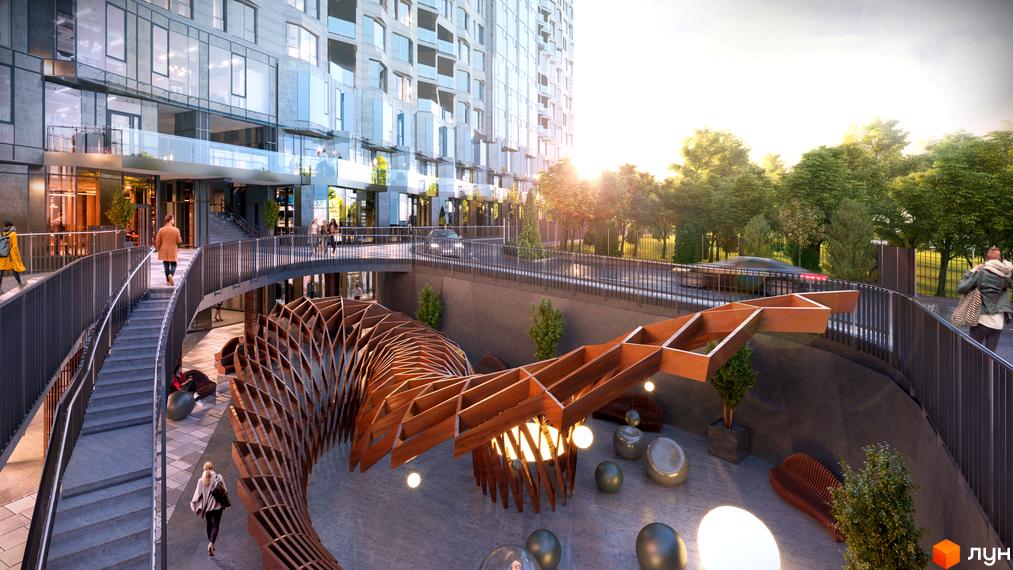 Зображення Житлового комплексу Fjord з виглядом на будівлю та прибудинкову територію з ландшафтним дизайном.