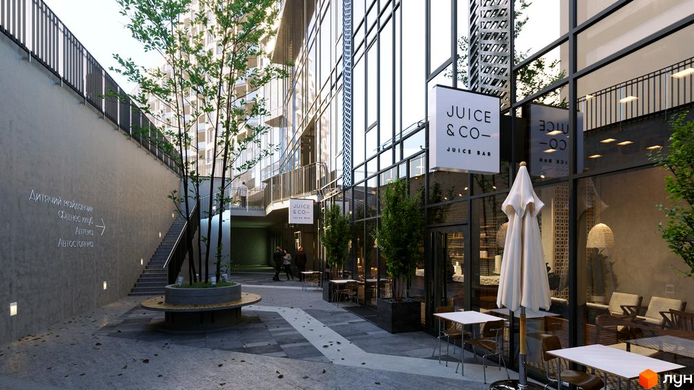 Житловий комплекс Fjord з будівлею зі скляними фасадами та комерційними приміщеннями. На прибудинковій території є дерева, лавки та зона відпочинку.