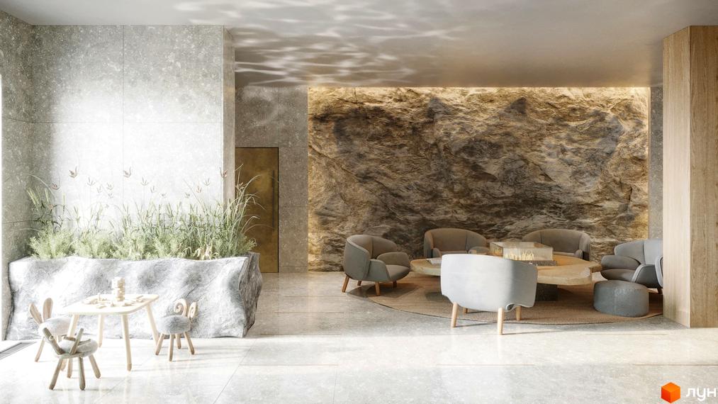 Лобі Житлового комплексу Fjord з великою кам'яною стіною, зоною відпочинку та дитячим куточком. Простір оздоблено природними матеріалами.
