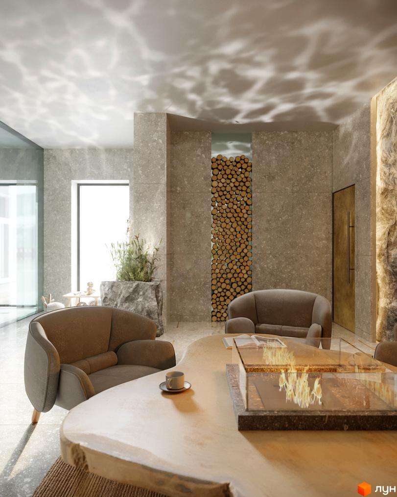 Інтер'єр вітальні Житлового комплексу Fjord: біокамін, м'які крісла, стіни під камінь та відблиски води на стелі.