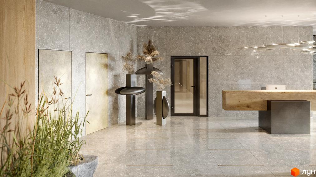 Інтер'єр холу у Будівельному проєкті Fjord: стійка рецепції з дерева та сірі стіни. Дизайнерські вази та рослини додають затишку.
