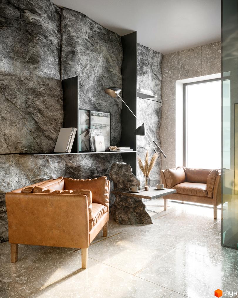Інтер'єр вітальні Житлового комплексу Fjord: стіни з текстурою скелі, світлі шкіряні крісла, кам'яний столик.
