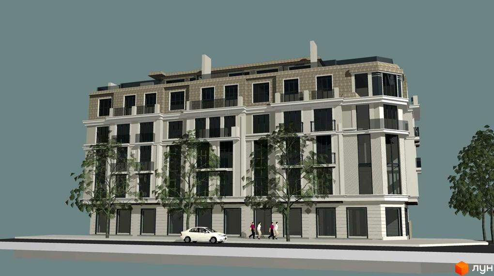 Зображення фасаду Житлового комплексу Нобель з великими вікнами та балконами. На передньому плані дерева та припаркований автомобіль.