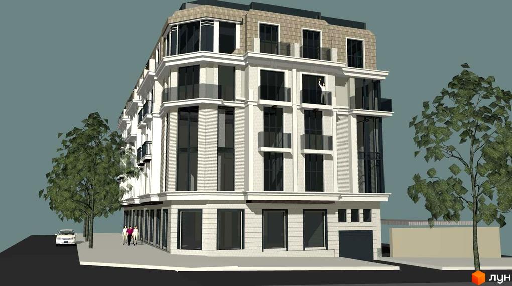 Зображення фасаду Житлового комплексу Нобель з великими вікнами та балконами. Навколо будинку дерева та тротуар.