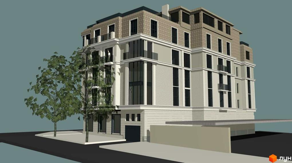 Зображення фасаду будинку Житлового комплексу Nobel. На передньому плані дерева та прибудинкова територія.