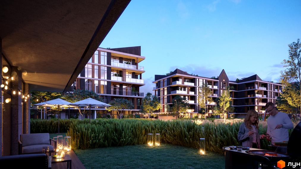 Житловий комплекс BASA city з багатоповерховими будинками, що мають темні фасади та балкони. На прибудинковій території зелений газон, освітлення та зона для барбекю.