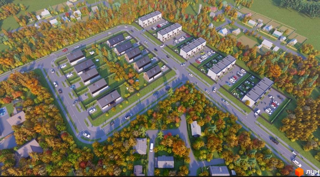 Котеджне містечко Family House. Аерофотозйомка житлового комплексу з сучасними будинками та доглянутою прибудинковою територією, оточеною осіннім лісом.