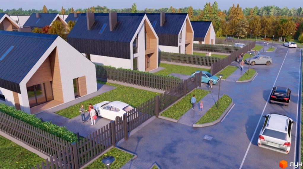 Котеджне містечко Family House з білими будинками та темними дахами. На зображенні видно зелені газони, паркани, дорогу з автомобілями та людей, що гуляють.