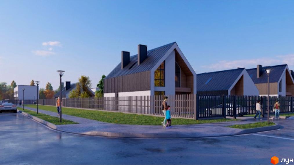 Котеджне містечко Family House: будинки з темними дахами, світлими фасадами та великими вікнами. Вулиця з тротуарами, газонами та огорожами.