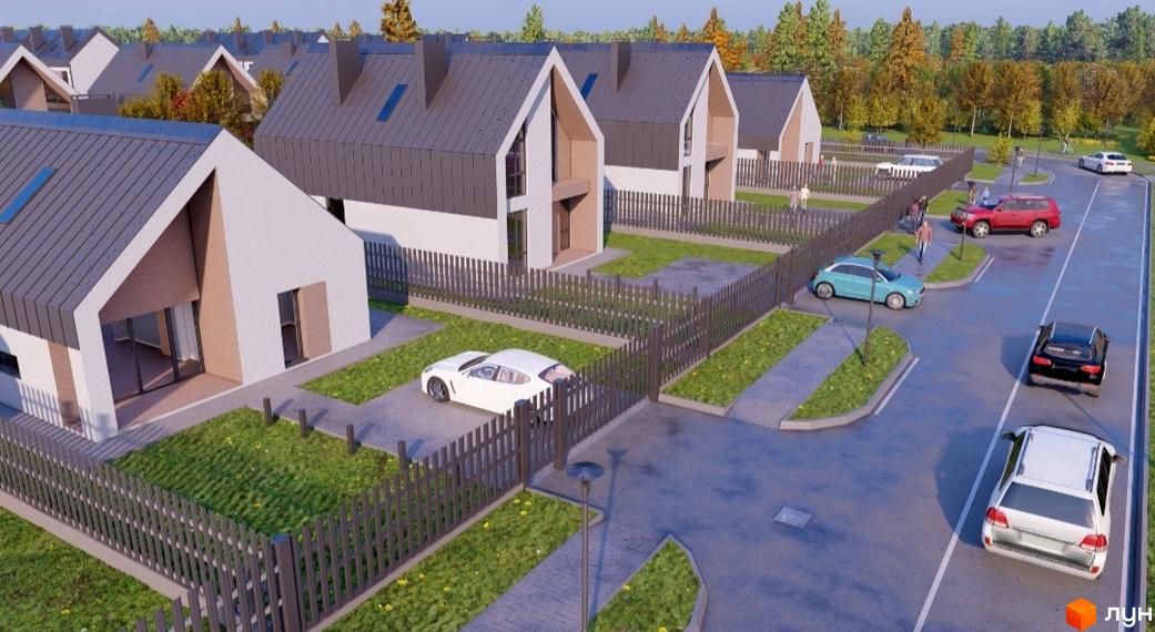 Котеджне містечко Family House: білі будинки з сірими дахами, огороджені ділянки з газонами та дорога з припаркованими авто.