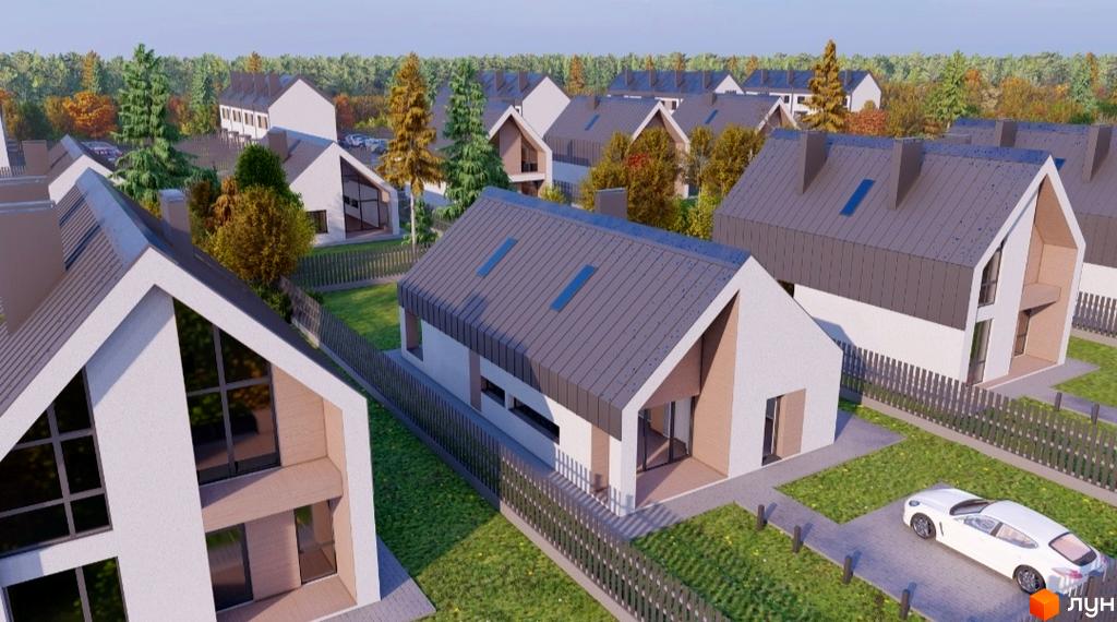 Котеджне містечко КМ Family House: білі будинки з сірими дахами та великими вікнами, зелена галявина та паркан. На території є білий автомобіль.