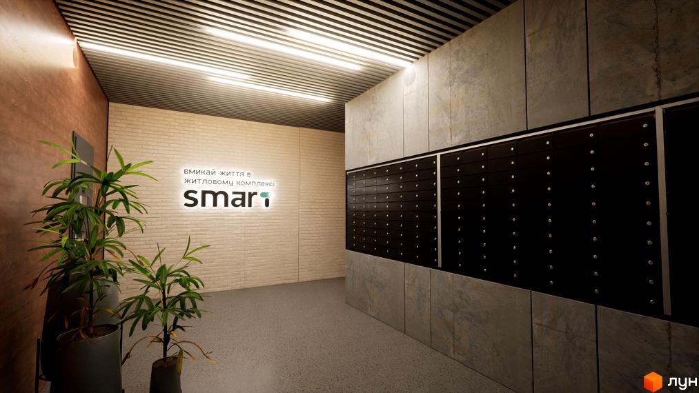 Інтер'єр холу в Житловому комплексі Smart з поштовими скриньками та рослинами. Стіни оздоблені під бетон та цеглу.