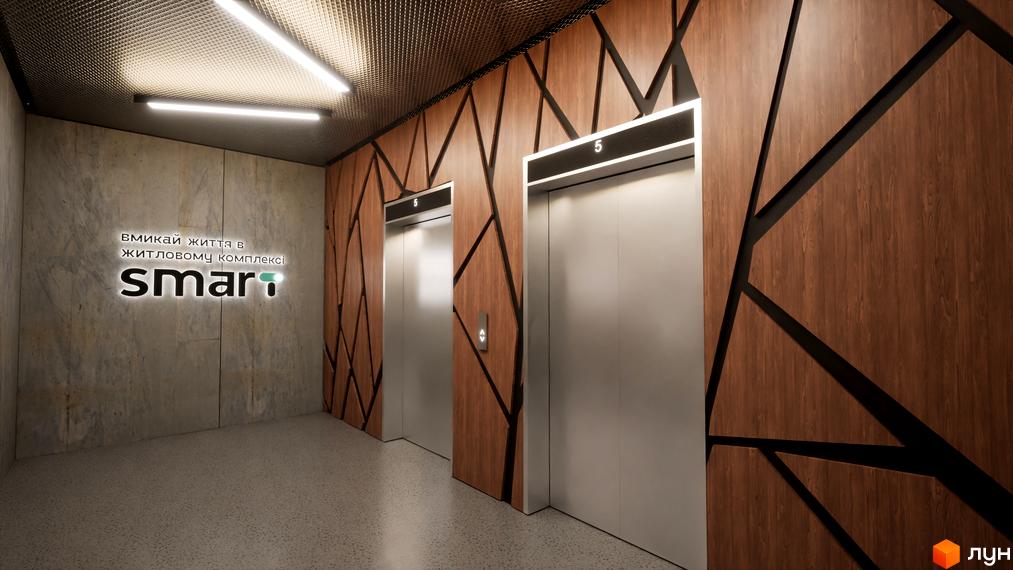Інтер'єр холу з ліфтами у Житловому комплексі Smart. Стіни оздоблені дерев'яними панелями з геометричним візерунком.