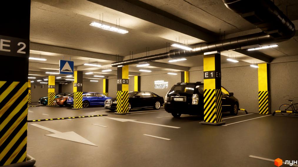 Паркінг Житлового комплексу Smart з автомобілями та розміткою. Стіни та колони пофарбовані в жовтий та чорний кольори.