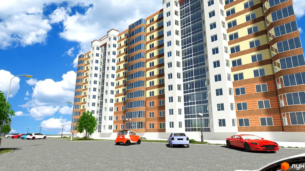 Житловий комплекс Полісся: багатоповерховий будинок з комбінованими білими, жовтими та цегляними фасадами, великими вікнами. На парковці стоять автомобілі.