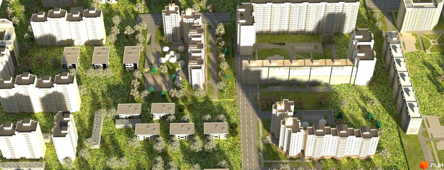 Житловий комплекс Вернісаж з висотними будинками та доглянутою прибудинковою територією. На території комплексу розташовані зелені зони, дитячі майданчики та місця для відпочинку.