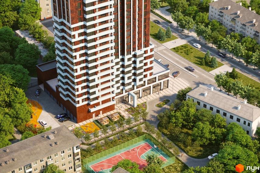 Житловий комплекс Космос з цегляним фасадом та білими елементами, прибудинкова територія з баскетбольним майданчиком та зонами відпочинку.