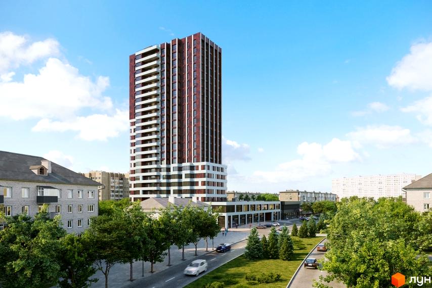 Житловий комплекс Космос - висотна новобудова з червоно-білим фасадом та балконами, розташована біля дороги з деревами та іншими будинками.