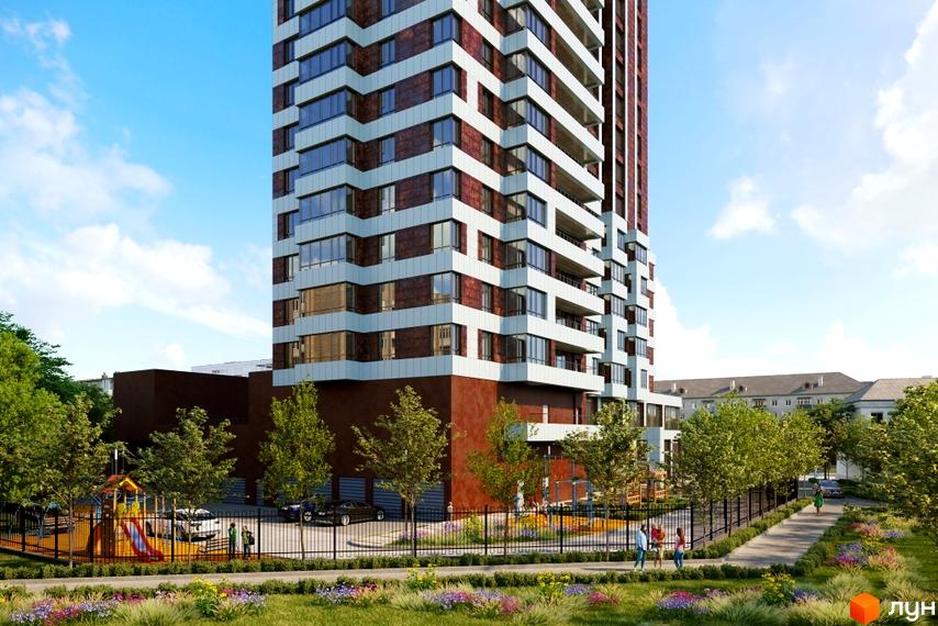 Житловий комплекс Космос - висотна будівля з коричневими та білими фасадами, дитячий майданчик та зелена зона.
