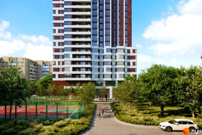 Житловий комплекс Космос: сучасна архітектура високої будівлі з цегляними та білими елементами, спортивний майданчик та зелена зона відпочинку.