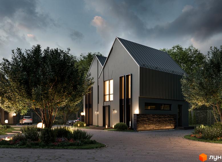 Зображення таунхаусів 10 Hills з сірими фасадами та темними дахами. Навколо будинків зелені насадження та освітлена територія.