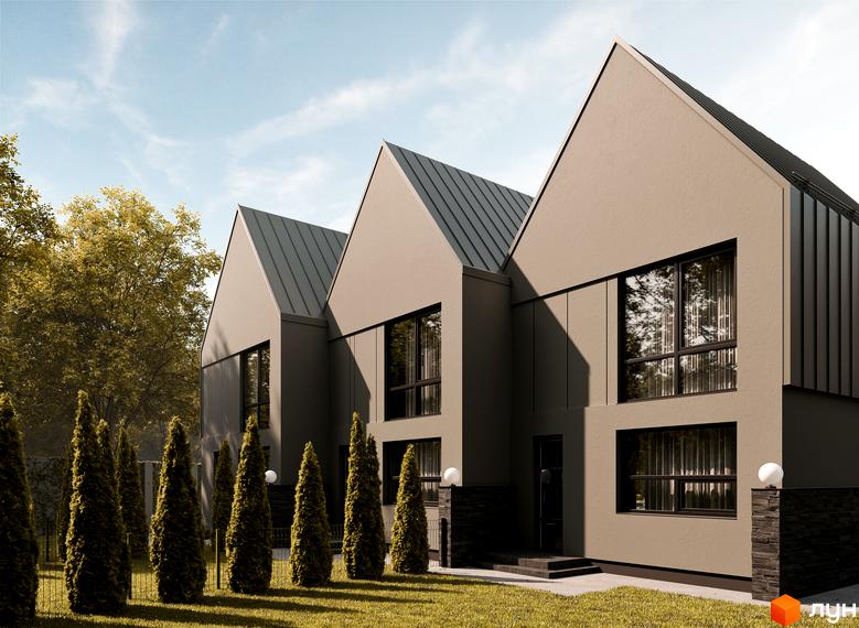 Зображення таунхаусів 10 Hills з сірими фасадами та дахами. На передньому плані зелений газон та декоративні туї.