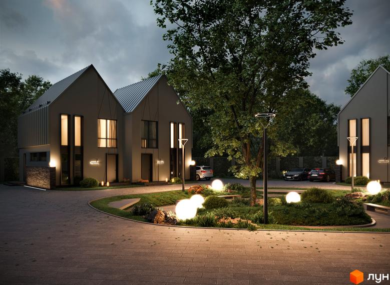 Зображення таунхаусів 10 Hills з сірими фасадами та великими вікнами. Навколо будинків зелена територія з ландшафтним дизайном.