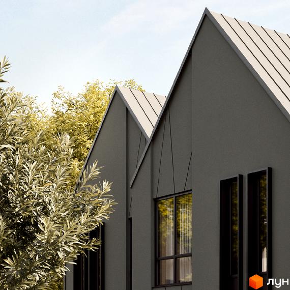 Зображення будинку з гострим дахом у Житловому комплексі 10 Hills. Навколо будинку зелені насадження та дерева.