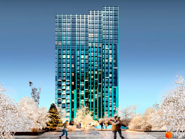 Зображення Житлового комплексу EDELDORF HILLS: багатоповерхова будівля з блакитним оздобленням. На передньому плані зимовий парк з людьми, що катаються на ковзанах.