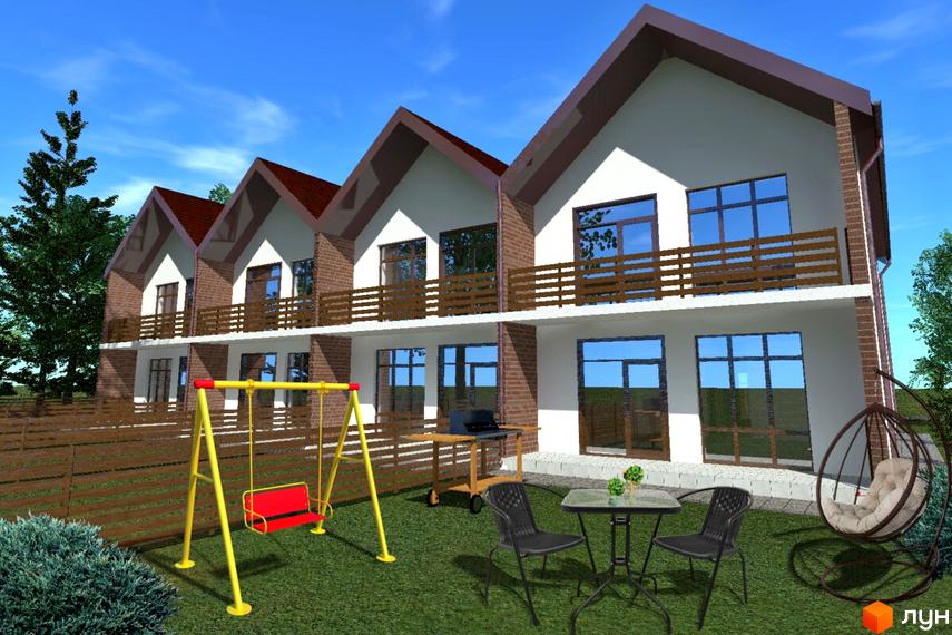 Зображення таунхаусів SOLID LIFE з прибудинковою територією, де є дитячий майданчик, меблі для відпочинку та зелений газон.
