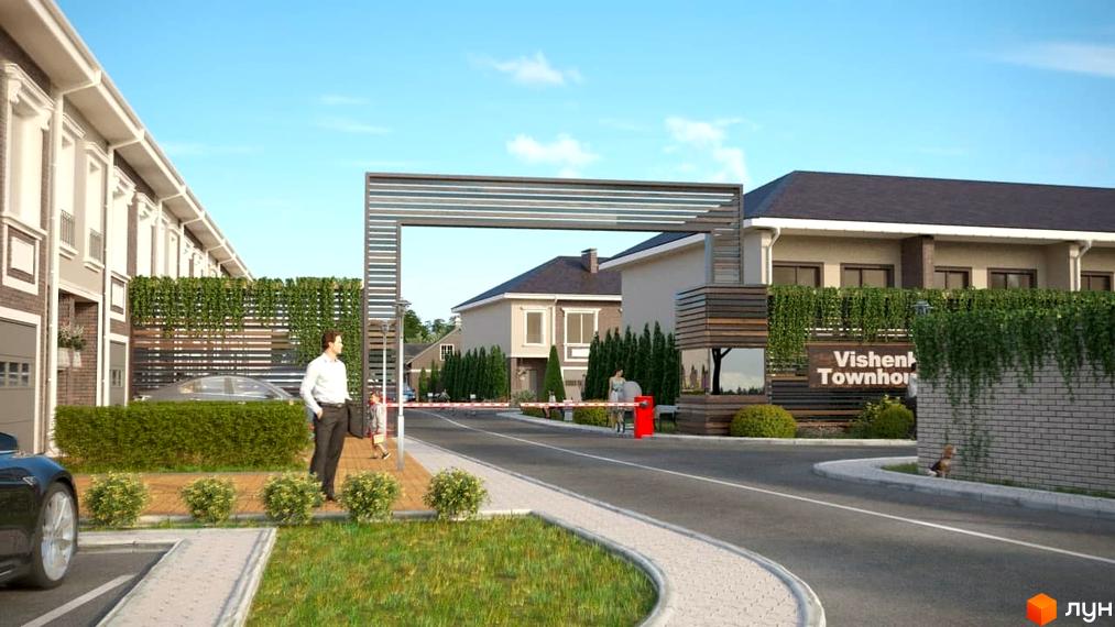 Зображення в'їзду до Vishenki Townhouse з будинками та зеленою територією. Вигляд на житловий район з вулиці.