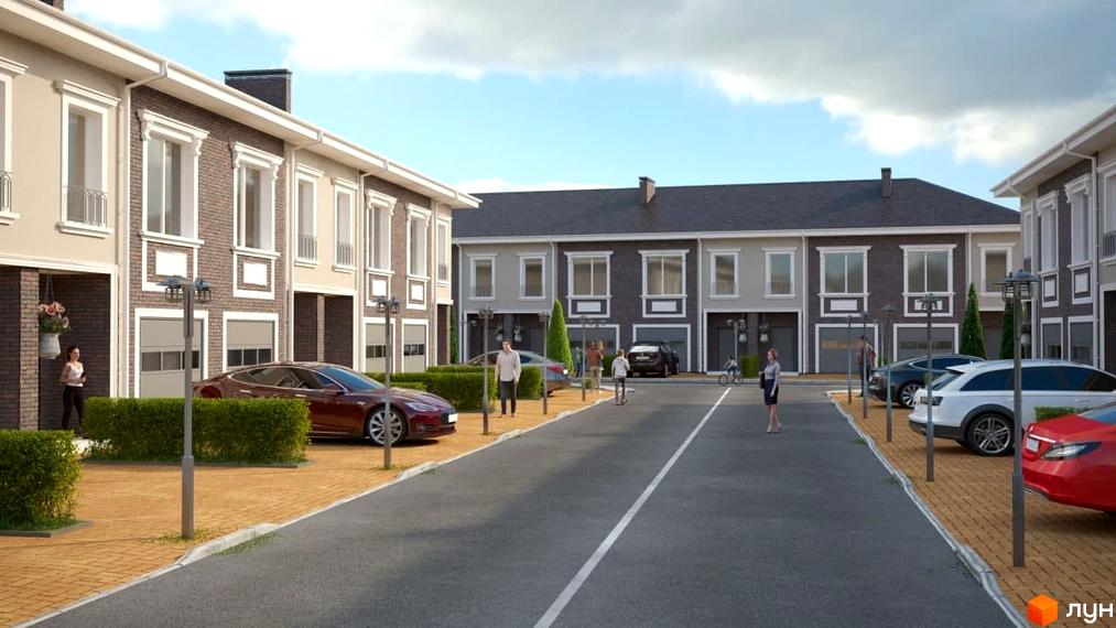 Зображення таунхаусів у Vishenki Townhouse. На фото видно фасади будинків та припарковані автомобілі.