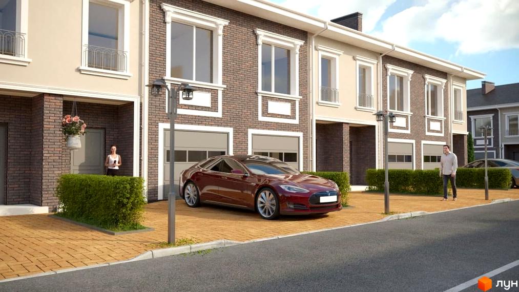 Зображення будинків у Vishenki Townhouse. На передньому плані червоний автомобіль та доглянута прибудинкова територія.