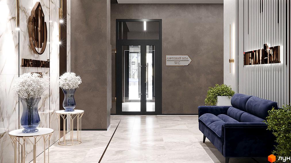 Інтер'єр холу ЖК Лук'янівський каскад. Мармурова підлога, диван, вази з квітами та двері з написом «Ліфтовий хол».