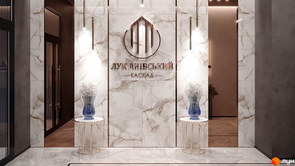 Житловий комплекс Лук'янівський каскад. Вхідна група з мармуровим оздобленням та елементами декору. Два столики з вазами з квітами.