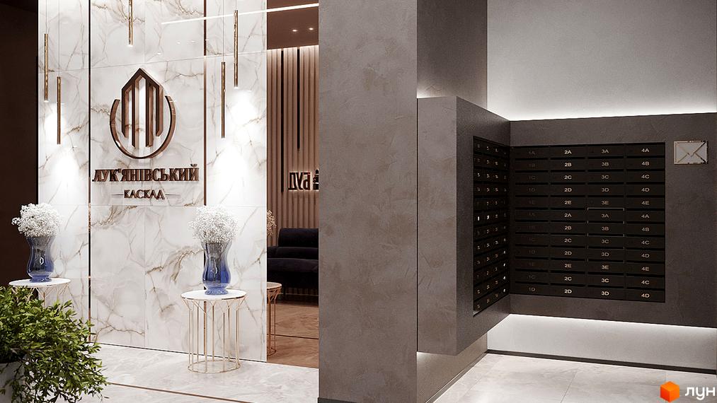 Житловий комплекс Лук'янівський каскад. Хол з мармуровими стінами, декоративними вазами та поштовими скриньками.