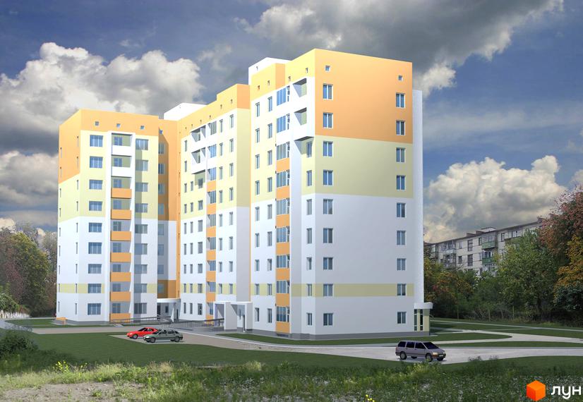 Зовнішній вигляд житлового комплексу Гринвіч з кольоровими фасадами. Прибудинкова територія з зеленими насадженнями та паркувальними місцями.
