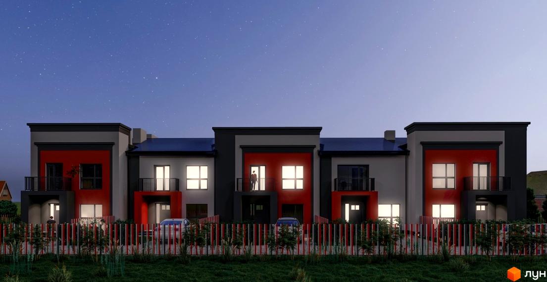 Таунхауси Cherry Town 4 з сіро-червоними фасадами та балконами. Перед ними зелена зона, огорожа та автомобілі під нічним зоряним небом.