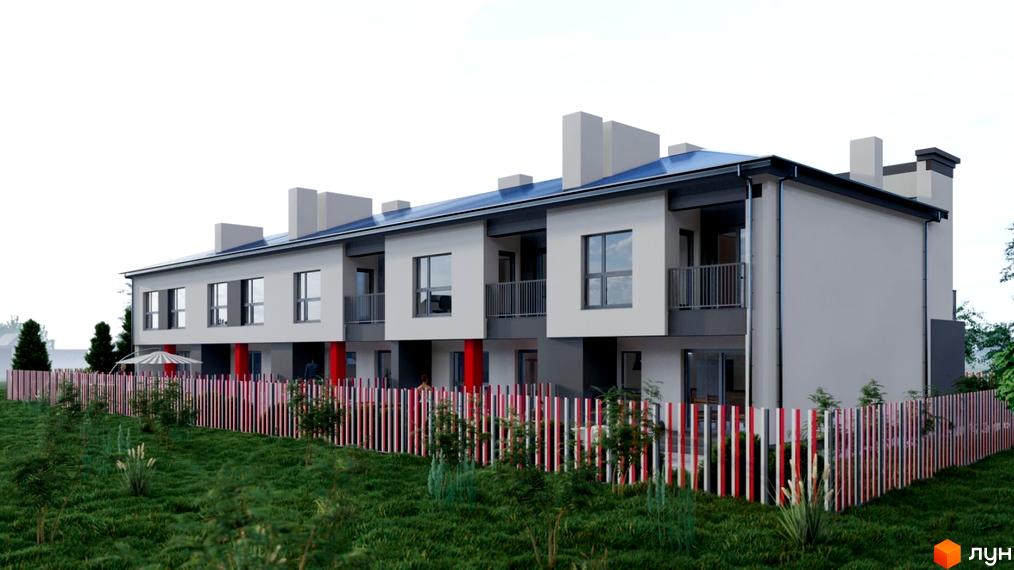 Ряд світлих таунхаусів з темними елементами та червоними колонами, балконами і вікнами. Перед будинками зелений газон та червоно-білий паркан.