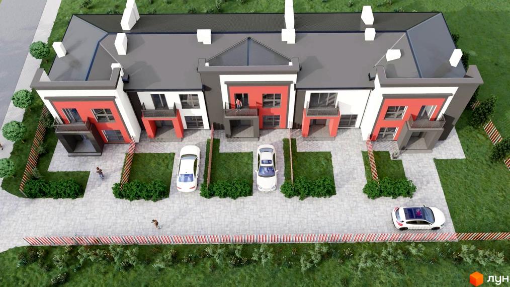 Таунхауси Cherry Town 4 з червоними та білими фасадами, балконами та паркуванням перед будинками. На прибудинковій території зелені насадження та доріжки.