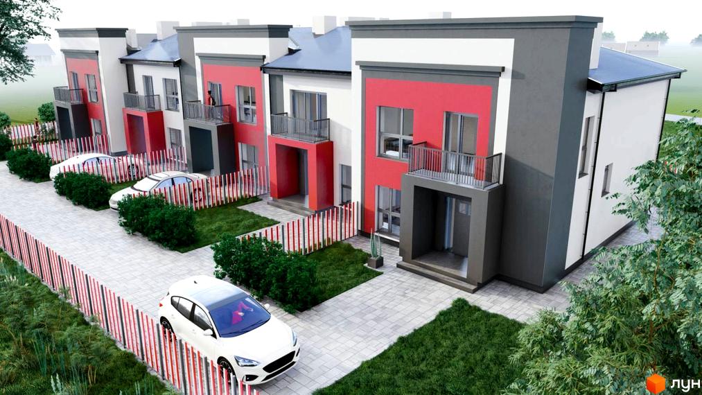 Таунхауси Cherry Town 4 з червоними та сірими фасадами, балконами та парковкою біля будинків. Навколо зелені насадження та паркан з червоно-білими смугами.
