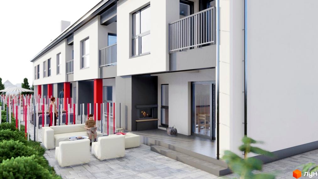 Таунхауси Cherry Town 4 з білими фасадами та червоними елементами, з терасою та зоною відпочинку.