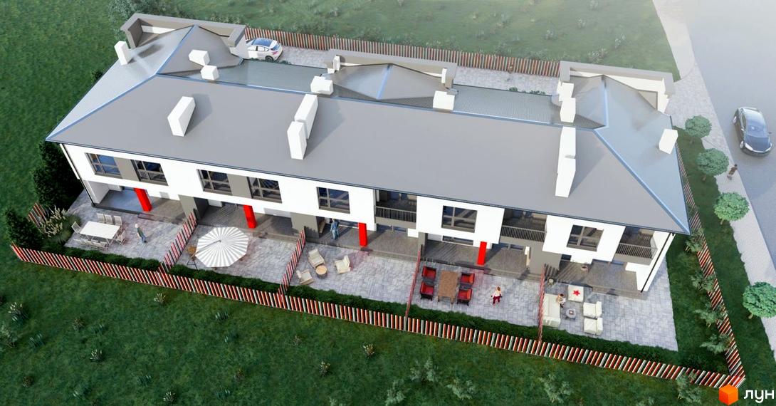 Таунхауси Cherry Town 4 з білими фасадами, сірими дахами та червоними акцентами. Перед будинками розташовані мощені дворики з меблями та зелені газони, огороджені смугастим парканом.