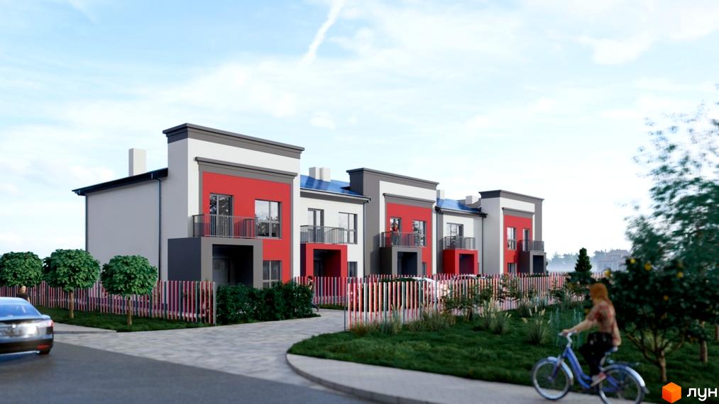 Таунхауси Cherry Town 4 з білими, червоними та сірими фасадами, балконами. Територія облаштована доріжками, газонами, деревами та різнокольоровою огорожею.