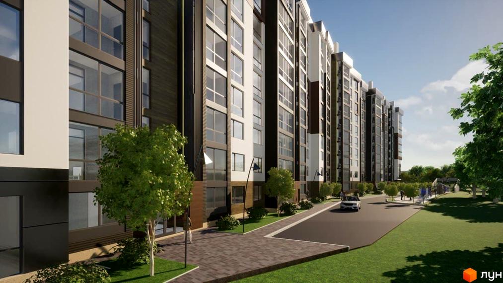 Зовнішній вигляд житлового комплексу Deluxe House з фасадами з темних та світлих панелей, великими вікнами та прибудинковою територією з деревами та дорогою.