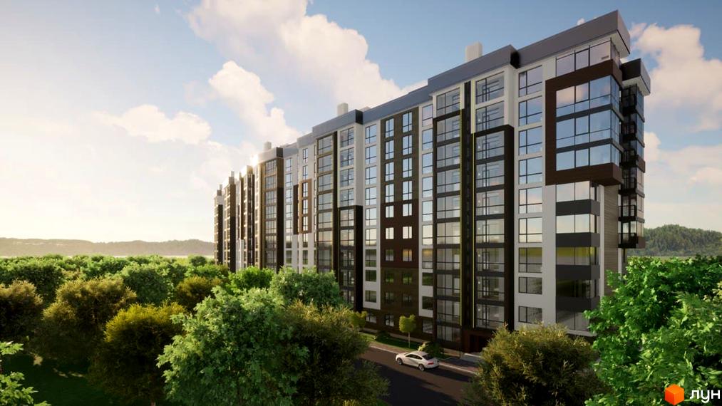 Новобудова ЖК Deluxe House з панорамними вікнами та балконами, оточена зеленню дерев. Сучасний житловий комплекс з фасадом з темних та світлих панелей.